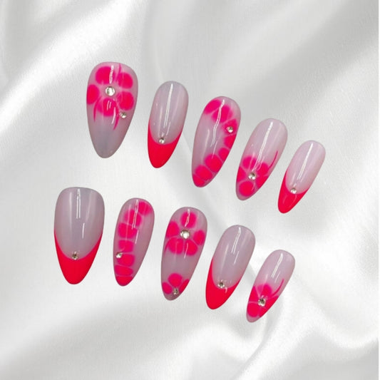 Chic Gradient Pink Floral Rhinestone Almond Wearable Nails