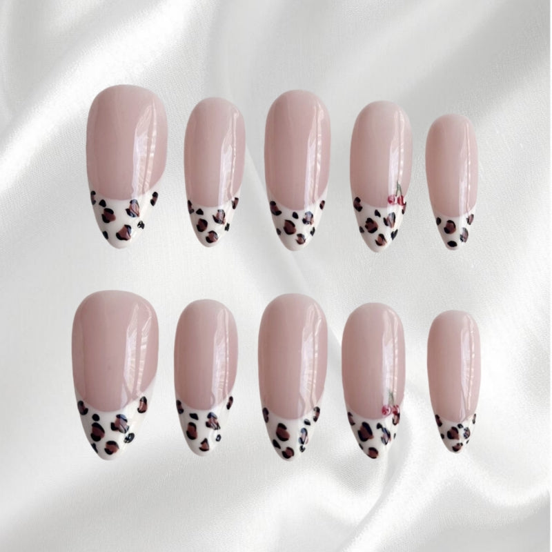 Chic and Dainty Nude Leopard Print with Cherry Accent Wearable Nails