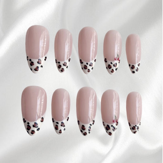 Chic and Dainty Nude Leopard Print with Cherry Accent Wearable Nails