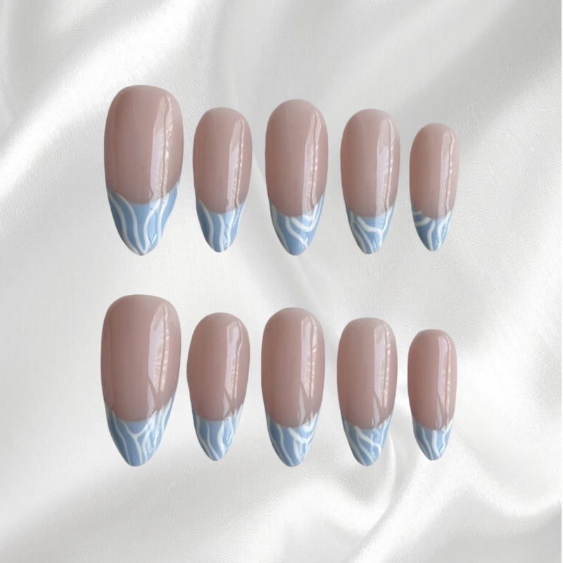 Elegant Minimalist White Line Nude and Light Blue Wearable Nails