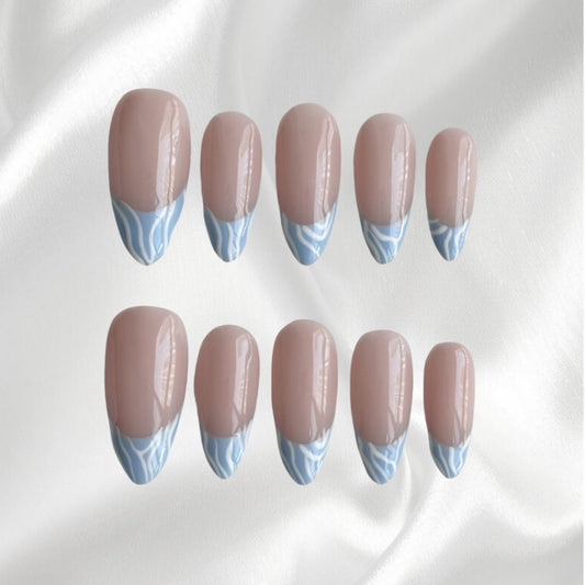 Elegant Minimalist White Line Nude and Light Blue Wearable Nails