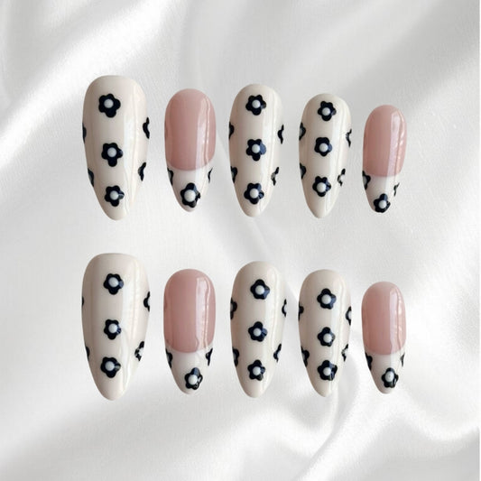 Cute Creamy White and Black Floral Almond Wearable Nails