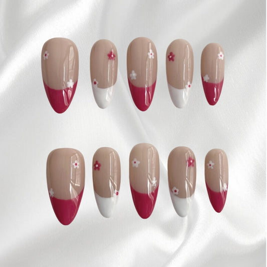 Pink and White French Tip with Sweet Floral Accents Wearable Nails