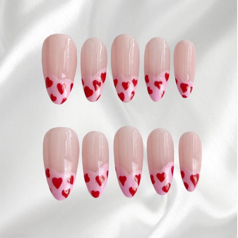 Valentine's Day Red Heart Pink Reusable Almond Wearable Nails