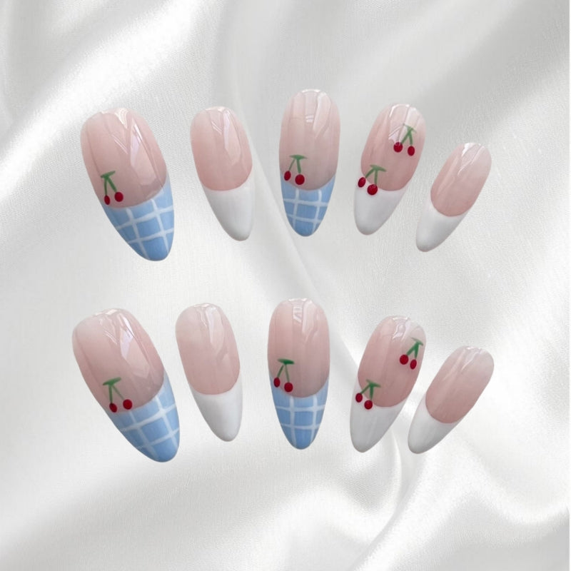 Cute Cherry & Blue Plaid Reusable Almond Wearable Nails
