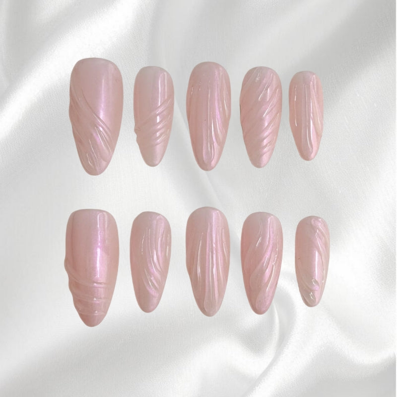 Iridescent Pink 3D Carved Press On Nails for Special Occasions