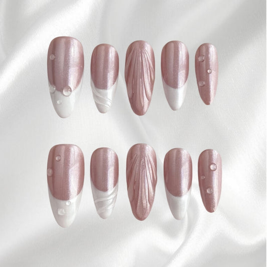 Rose Gold & White Press On Nails with 3D Textured Design & Dewdrop Accents