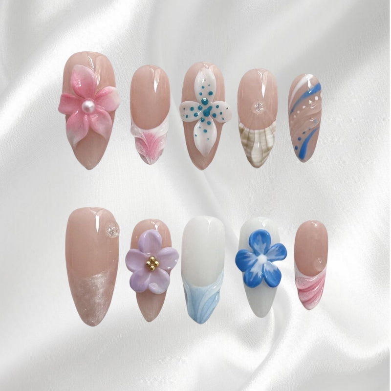 Colorful Handmade Flower & Shell Design False Nails for Summer Beach & Party