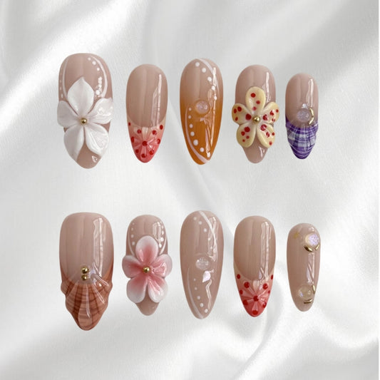 Multicolor Handmade Flower Design with Pearl & Glitter Accents False Nails for Boho Chic Looks