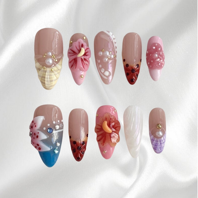 Handmade 3D Flower with Pearl, Rhinestone & Iridescent Accents False Nails