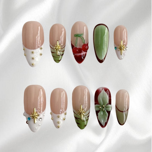 Multicolor Design with Gold Star Pearl Details Cherry & Floral Accent False Nails
