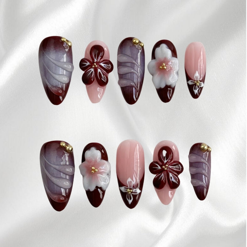 Burgundy Pink Gradient with Gold Accents Handcrafted Artistic Press On Nails