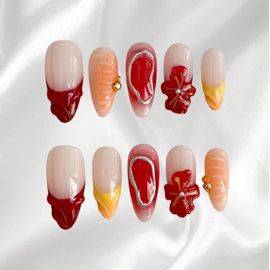 3D Floral Red & Yellow Wearable Nails with Metallic Accents