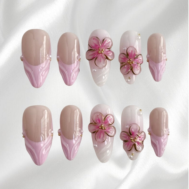 Romantic 3D Pink Flower Press On Nails with Pearl & Metallic Details