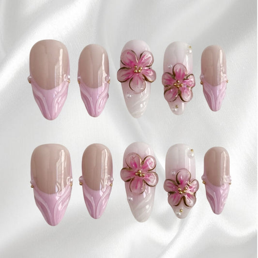 Romantic 3D Pink Flower Press On Nails with Pearl & Metallic Details