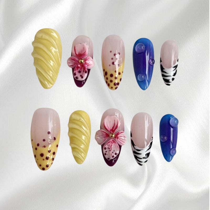 3D Floral Zebra Print & Textured Designs with Bead Accents Unique Press On Nails