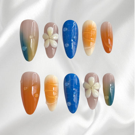 Bohemian Gradient 3D Floral & Textured Designs with Bead Accents Reusable Press On Nails