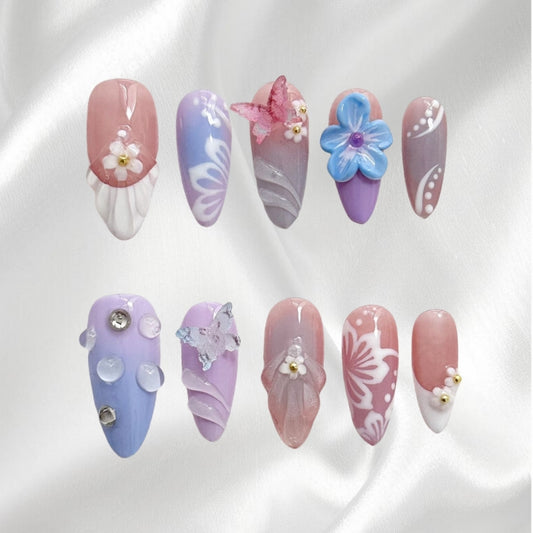 Pastel Dream 3D Butterfly & Floral Romantic Wearable Nails for Bridal & Tea Party