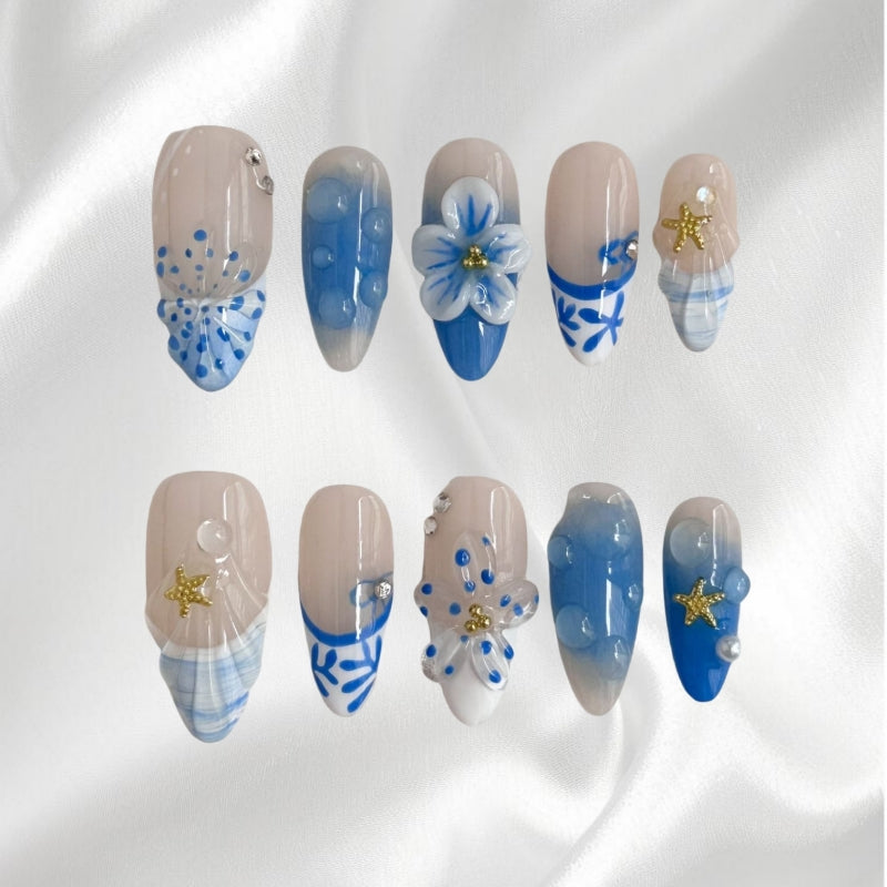 Beach Vibe 3D Seashell & Starfish Wearable Nails with Floral & Textured Accents