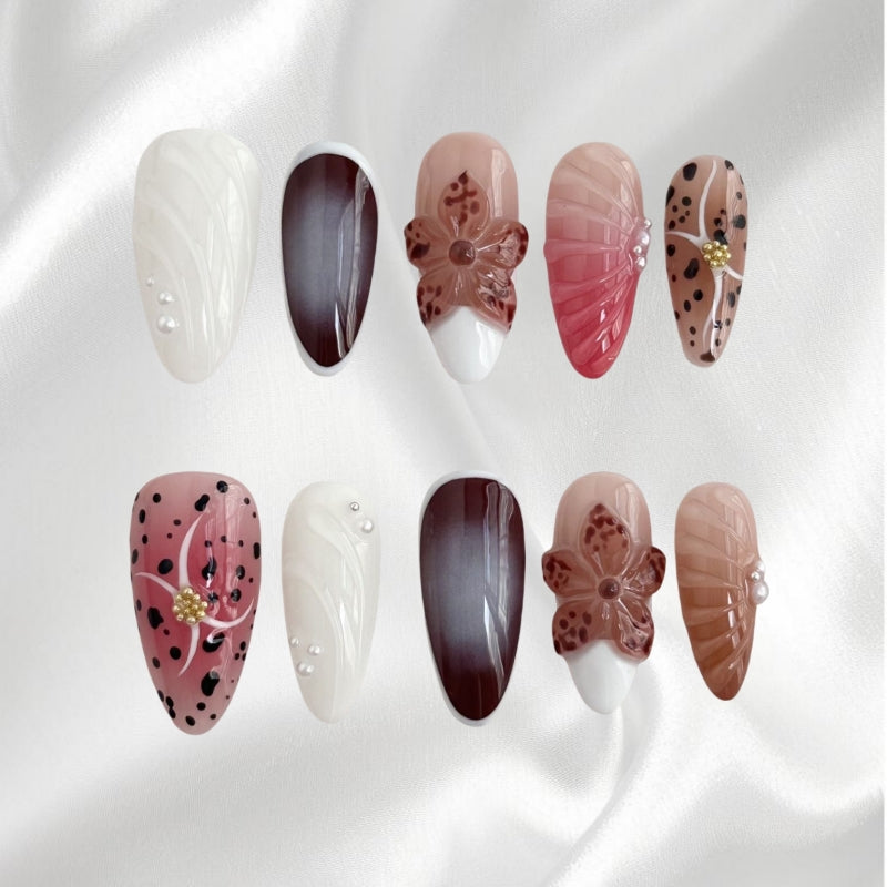 Autumn Trendy 3D Floral Leopard Pearl Decorated Press On Nails