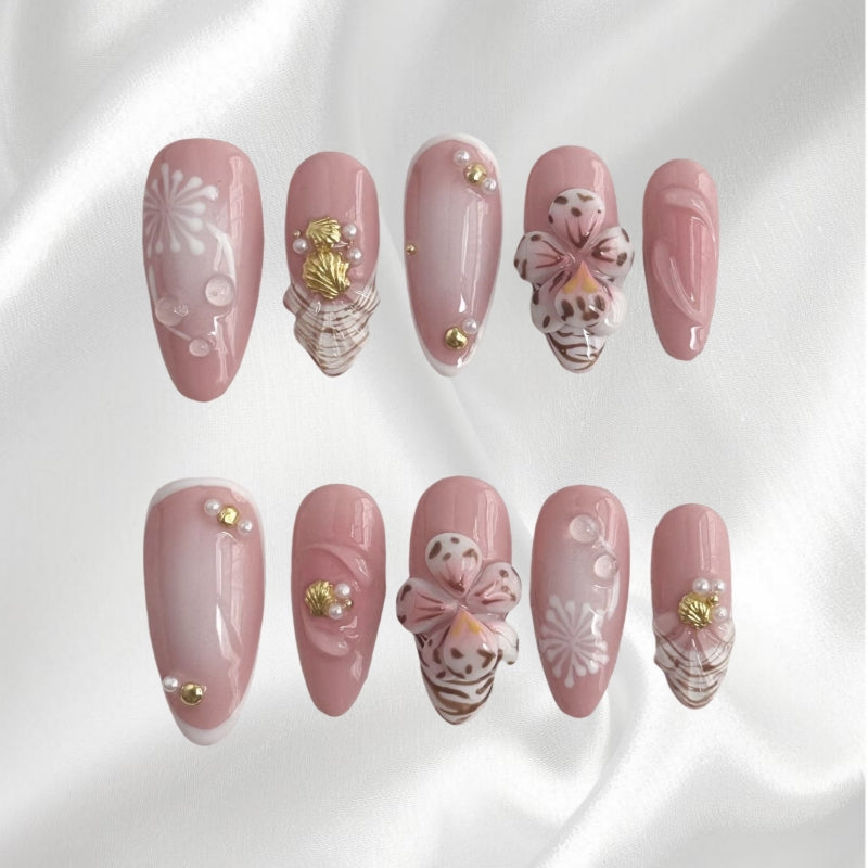 Romantic Blush Pink 3D Flower Shell Pearl Decor Long Almond Fake Nails