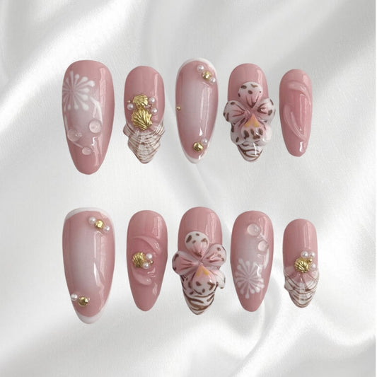Romantic Blush Pink 3D Flower Shell Pearl Decor Long Almond Fake Nails
