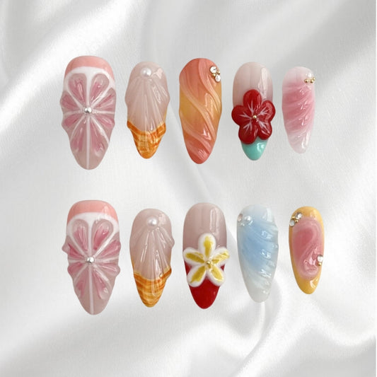 Pastel Pink Orange Blue 3D Floral Shell Almond Fake Nails with Rhinestone Pearl Decor