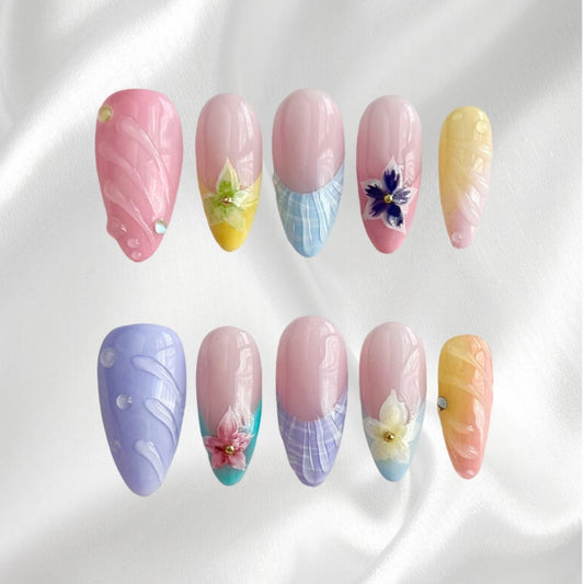 Pastel 3D Floral Almond Fake Nails with Metallic Accent