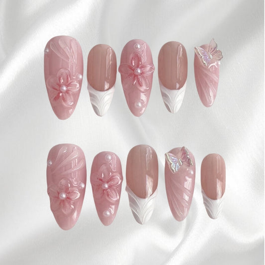 Blush Pink 3D Floral Pearl Butterfly Gloss Finish Almond Fake Nails