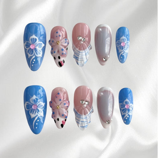 Blue Pink 3D Floral Rhinestone Decor Long Almond Gloss Fake Nails