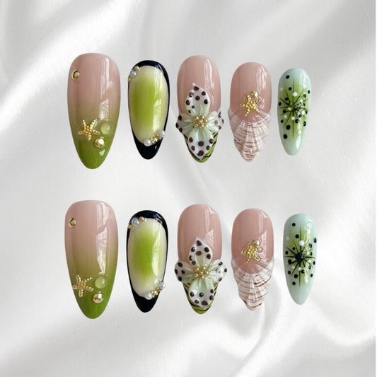 Mermaid Core Green Pink 3D Starfish Shell Pearl Decor Long Almond Gloss Fake Nails
