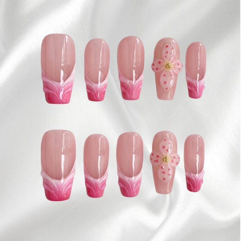 Fairycore Pink Floral Trapezoid Press-on Nails | Dainty 3D Flower Design