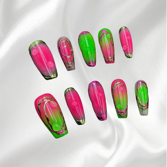Neon Glam Trapezoid Press-on Nails Bold Pink-Green Gradient with Gold Accents