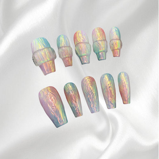 Iridescent Shimmer Design Rainbow Holographic Trapezoid Press-on Nails