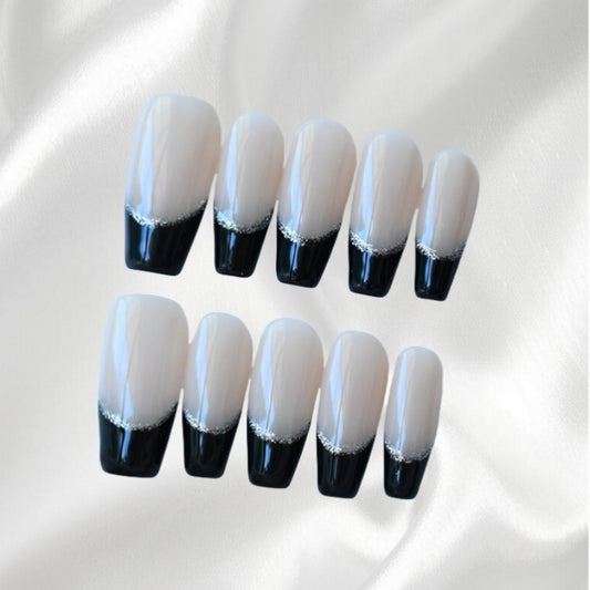 Chic Black & Nude Glitter Gradient Coffin Press-on Nails
