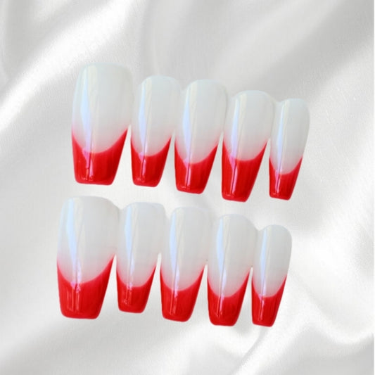 Vibrant Red - White Gradient Trapezoid Press-on Nails Bold & Chic Design