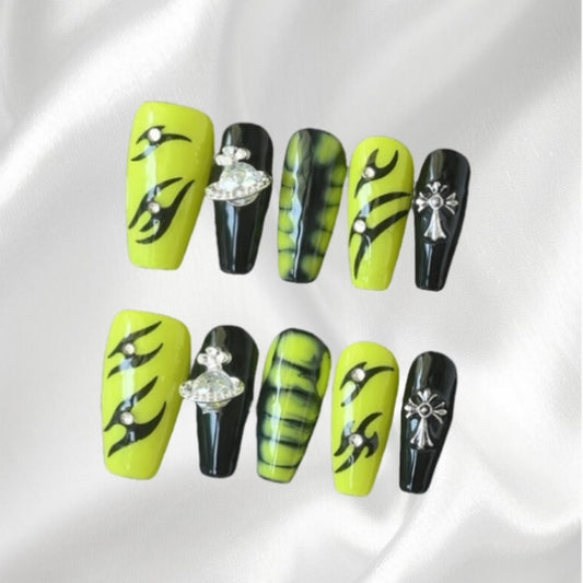 Edgy Neon Yellow & Black Trapezoid Press-on Nails with Rhinestone Accents