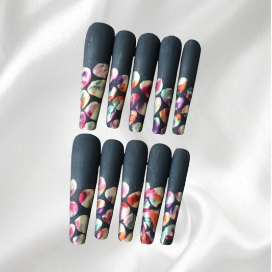 Boho-Chic Dark Matte Trapezoid Press-on Nails with Vibrant Floral Patterns