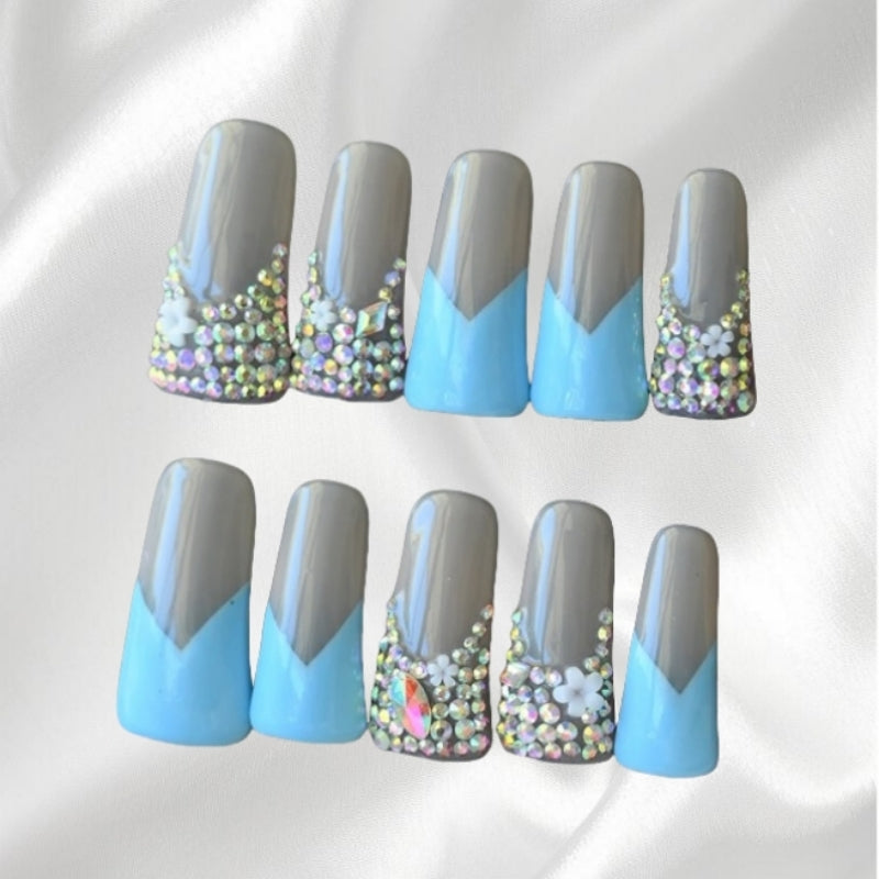 Glam Duckbill  Shaped Press-on Nails with Rhinestones & Floral Accents