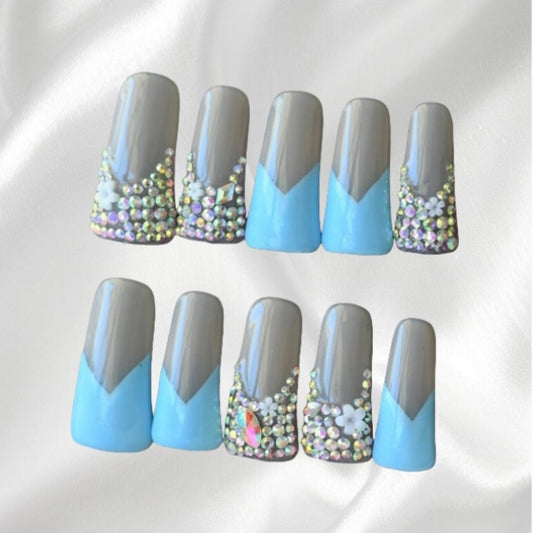 Glam Duckbill  Shaped Press-on Nails with Rhinestones & Floral Accents