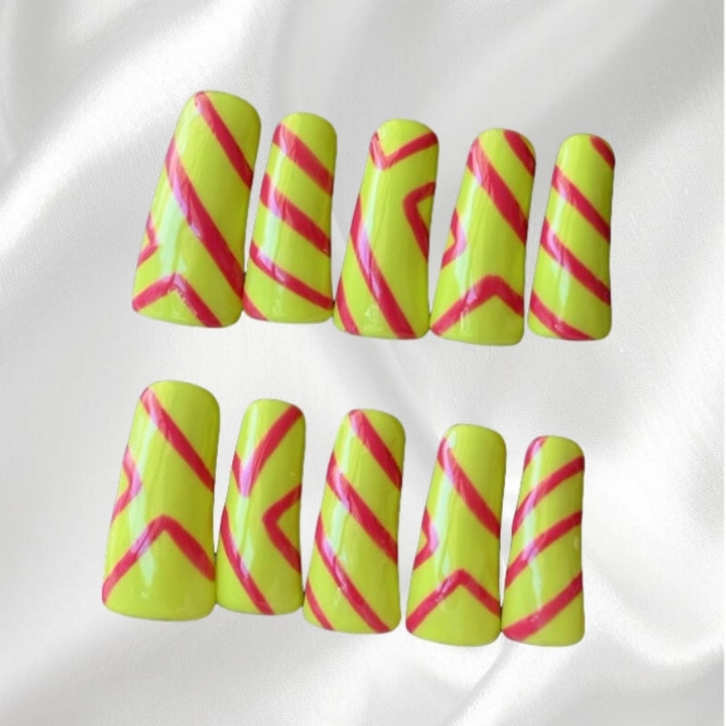 Neon Yellow & Pink Striped Flare Press-on Nails Vibrant Trendy Nail Art