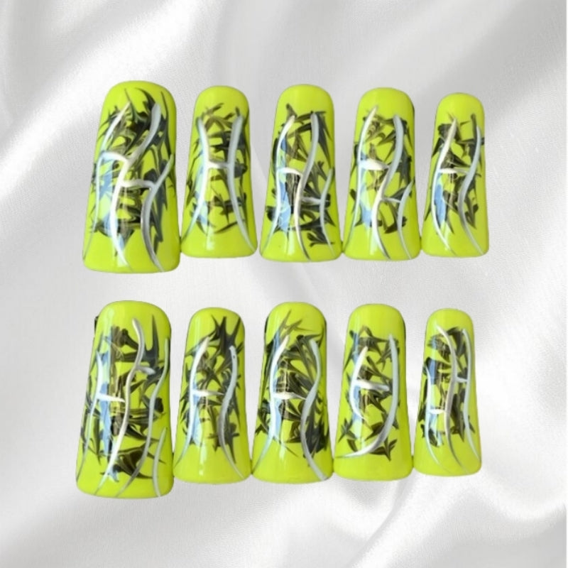 Neon Yellow Duckbill Press-on Nails with Artistic Black & Silver Patterns