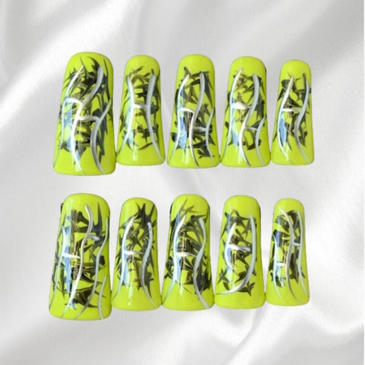 Neon Yellow Duckbill Press-on Nails with Artistic Black & Silver Patterns