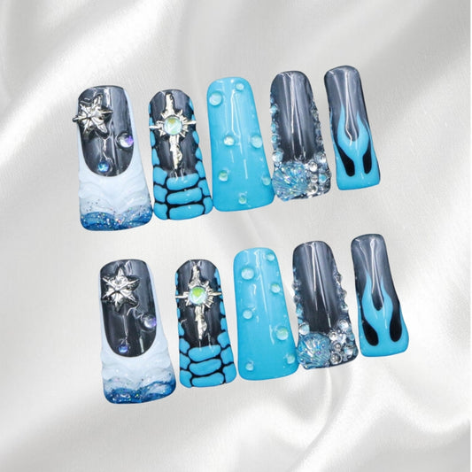 Blue & Gray Duckbill Press-on Nails with Rhinestones & 3D Charms
