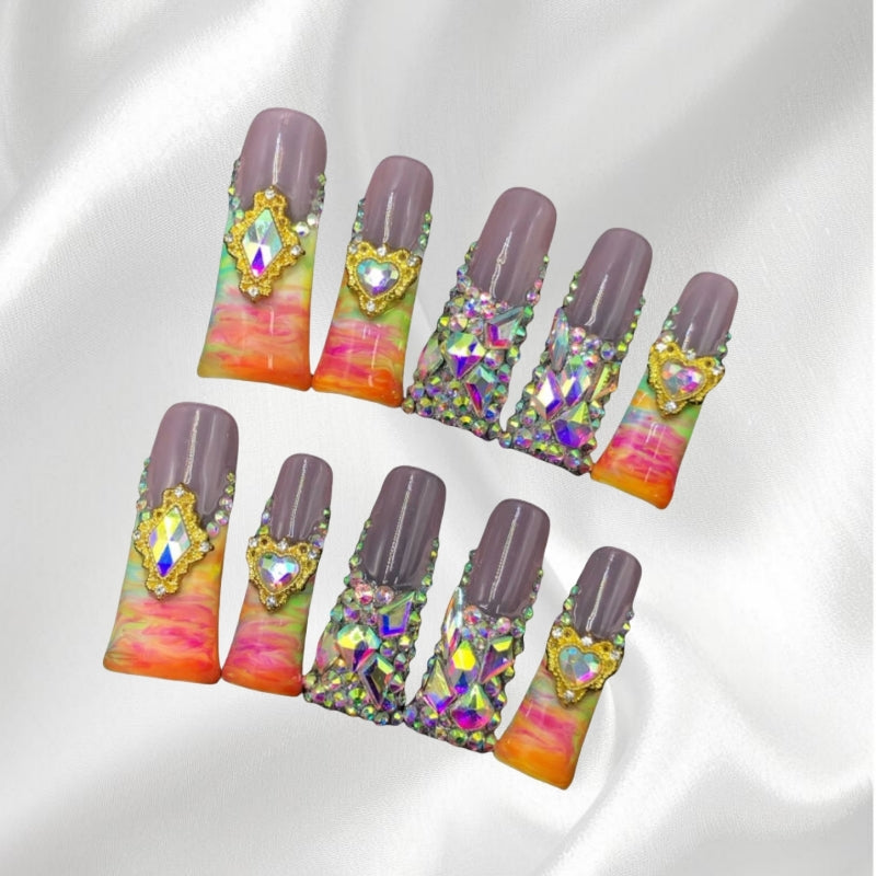 Glamorous Flare Press-on Nails with Rainbow Swirls & Shiny Rhinestones
