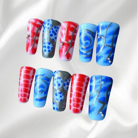 Vibrant Red & Blue Duckbill Press-on Nails with Artistic Patterns & Rhinestones