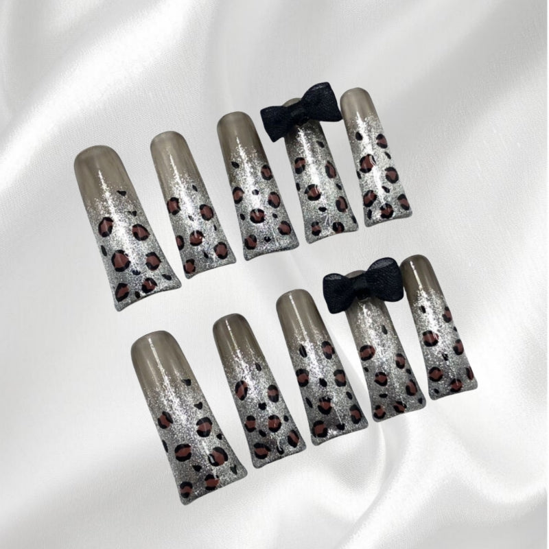 Glam Leopard Print Duckbill Press-on Nails with Glitter & Black Bows