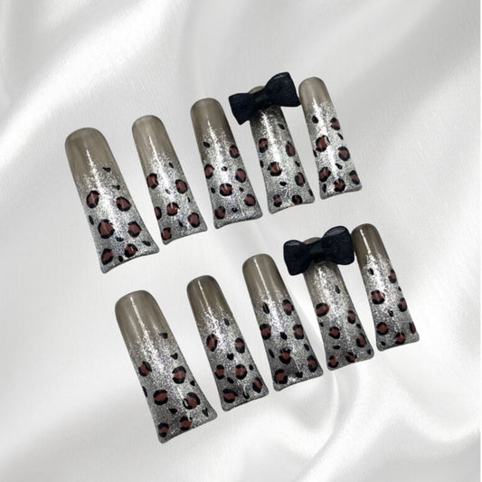 Glam Leopard Print Duckbill Press-on Nails with Glitter & Black Bows