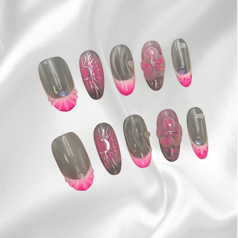 Elegant Pink Gradient 3D Floral Press-on Nails