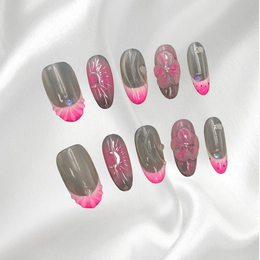 Elegant Pink Gradient 3D Floral Press-on Nails
